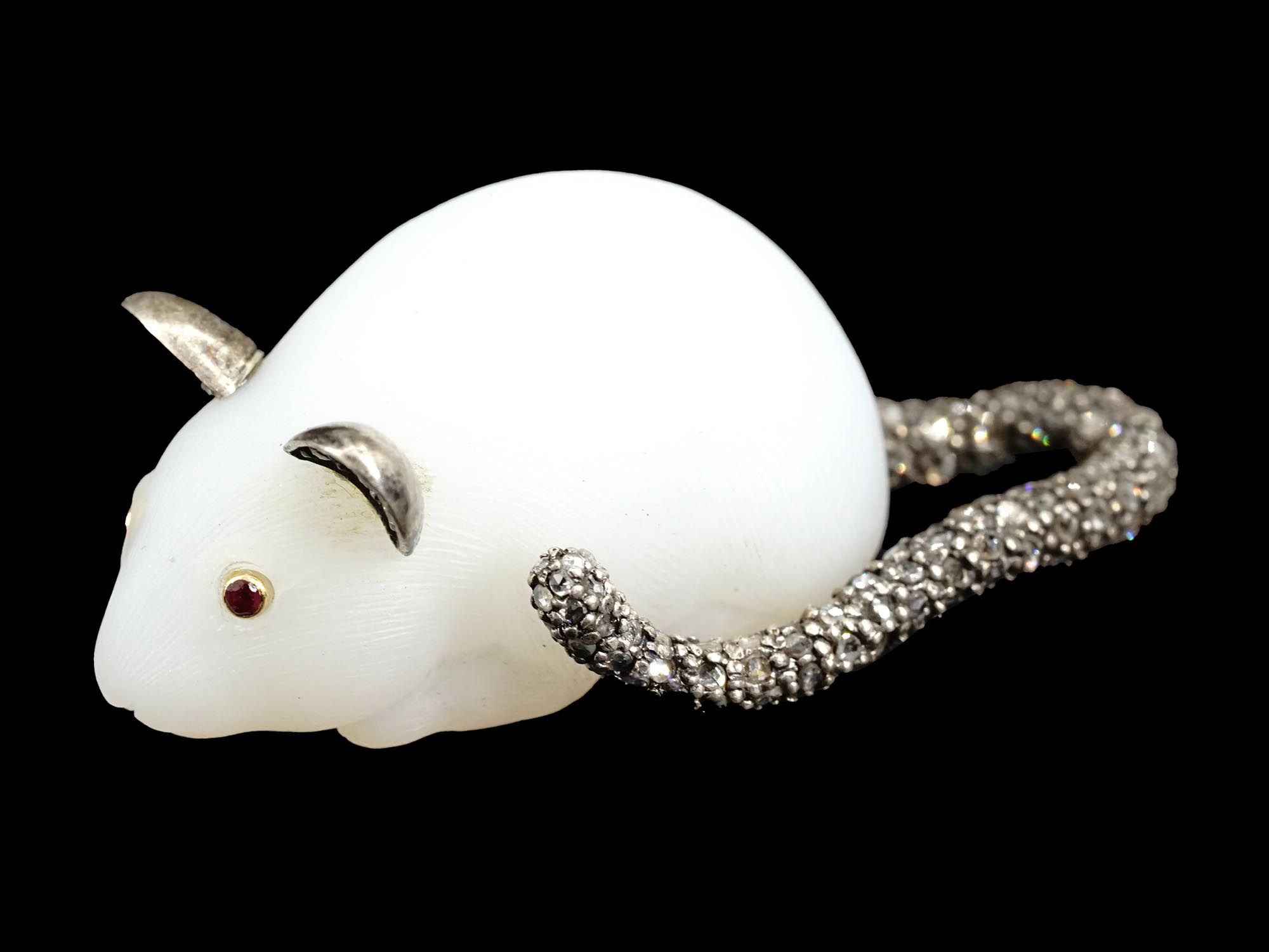 RUSSIAN SILVER WHITE NEPHRITE MOUSE WITH DIAMONDS PIC-0